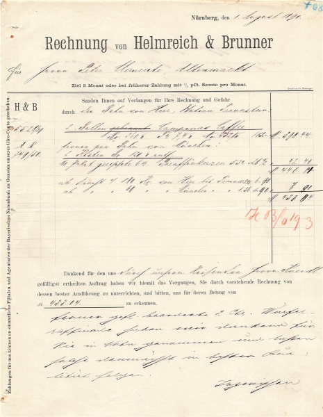 Alte Rechnung,"Helmreich & Brunner, Nürnberg" 01.08.1890