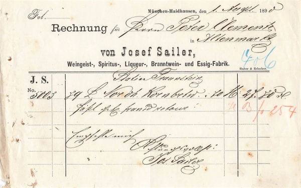 Alte Rechnung,"Josef Sailer, München-Haidhausen" 01.08.1890