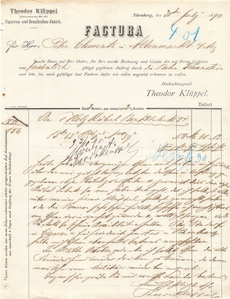 Alte Rechnung,"Theodor Klüppel, Nürnberg" 30.07.1890
