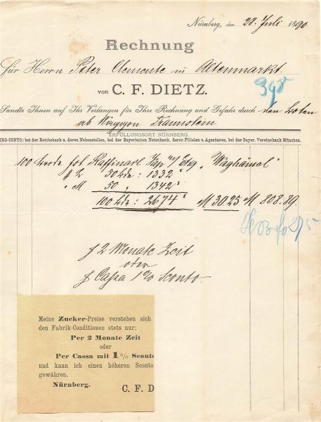 Alte Rechnung,"C.F.DIETZ, Nürnberg" 28.07.1890