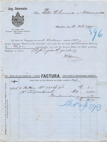 Alte Rechnung,"Aug. Ostermaier, München" 23.07.1890