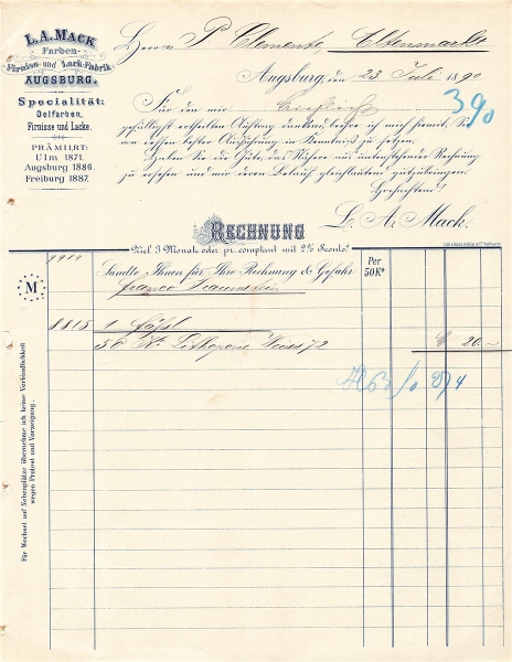 Alte Rechnung,"L.A. Mack, Augsburg" 23.07.1890