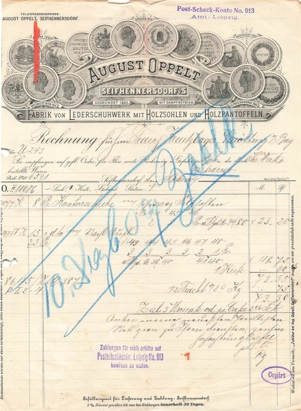 Alte Rechnung,"AUGUST OPPELT, Seifhennersdorf i.S." 1909