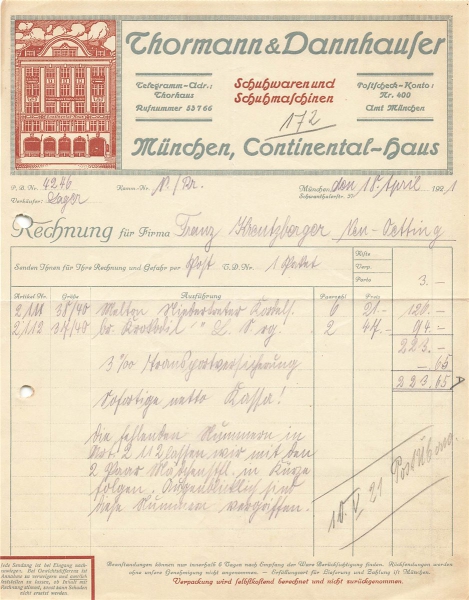 Alte Rechnung,"Thormann & Dannhauser, München" 18.04.1921
