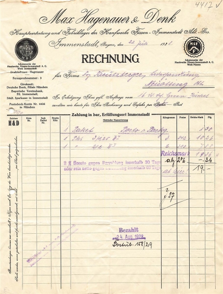 Alte Rechnung,"Max Hagenauer & Denk, Immenstadt i.B." 23.07.1928