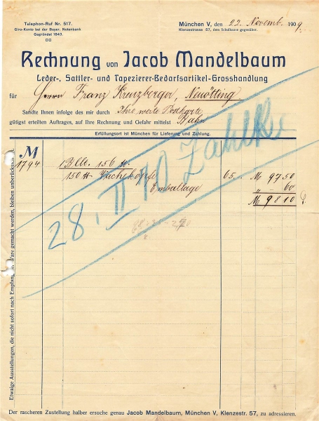 Alte Rechnung,"Jacob Mandelbaum, München." 22.11.1909