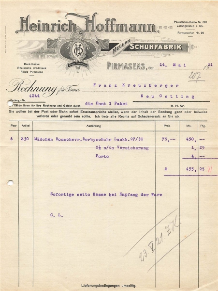 Alte Rechnung,"Heinrich Hoffmann, Pirmasens" 14.05.1921