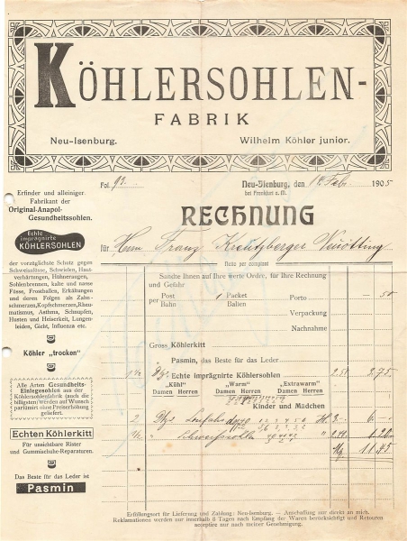 Alte Rechnung,"KÖHLERSOHLEN-Fabrik, Neu-Isenburg" 14.02.1905