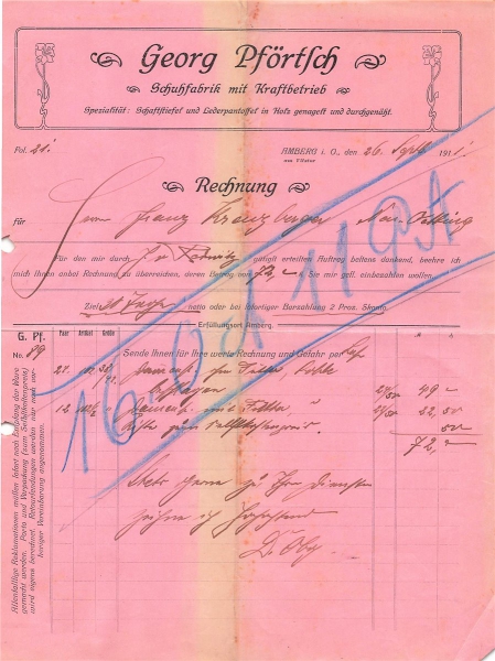 Alte Rechnung,"Georg Pförtsch, Amberg" 26.09.1911
