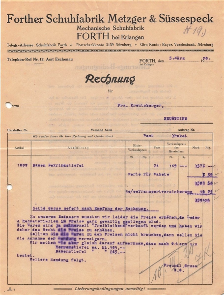 Alte Rechnung,"Metzger & Süssespeck, Forth" 05.03.1920