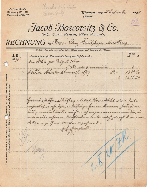 Alte Rechnung,"Jacob Boscowitz & Co., Weiden" 28.09.1920