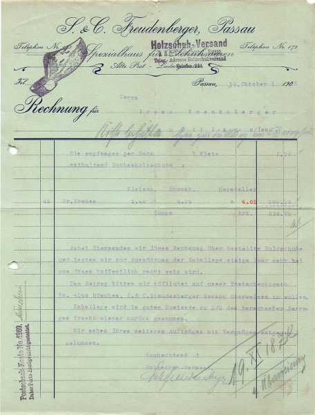 Alte Rechnung,"S.& C. Freudenberger, Passau" 19.10.1918