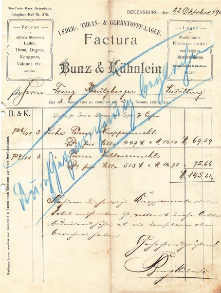 Alte Rechnung,"Bunz & Kühnlein, Regensburg" 22.10.1908
