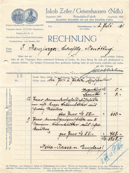 Alte Rechnung,"Jakob Zeiler, Geisenhausen" 02.07.1921