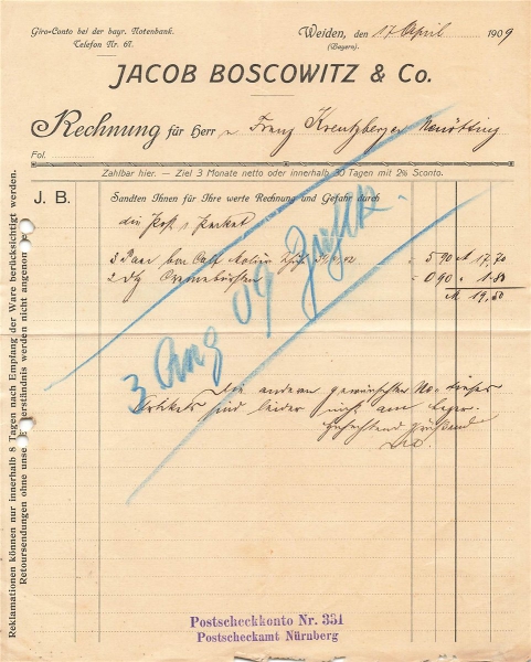 Alte Rechnung,"Jacob Boscowitz & Co., Weiden" 17.04.1909