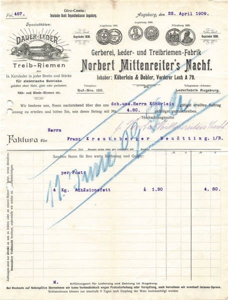 Alte Rechnung,"Norbert Mittenreiter's Nachf., Augsburg" 22.04.1909