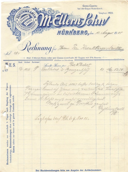 Alte Rechnung,"M. Ellern Sohn, Nürnberg" 10.08.1905