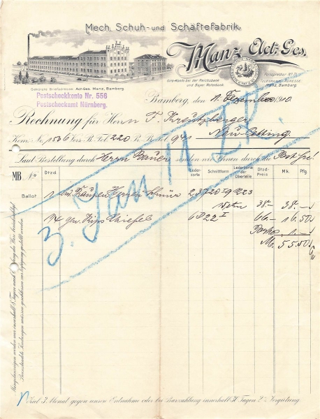 Alte Rechnung,"Manz Act.-Ges., Bambreg"  01.12.1910