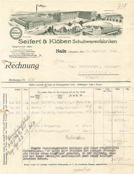 Alte Rechnung,"Seifert & Klöber, Naila i.B." 16.09.1922