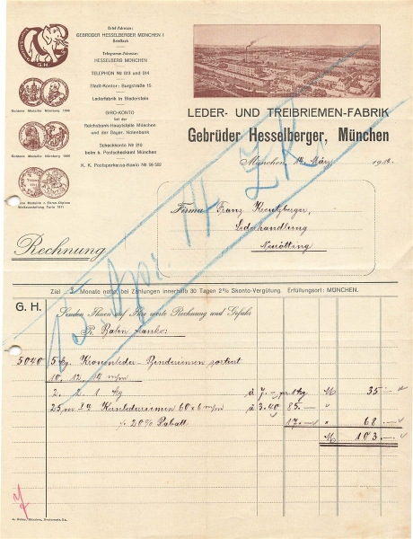 Alte Rechnung,"Gebrüder Hesselherger, München" 14.03.1914