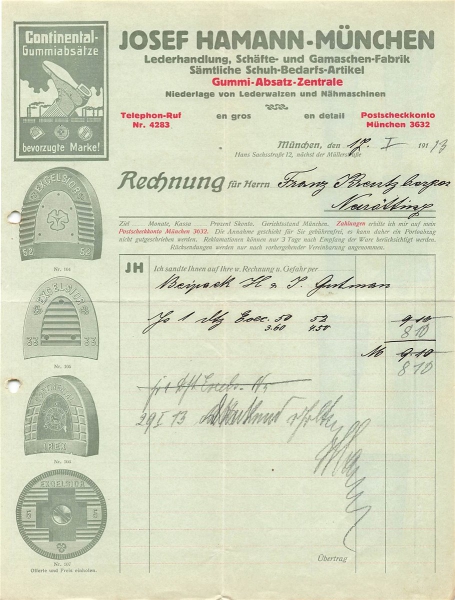 Alte Rechnung,"JOSEF HAMANN, München" 17.01.1913