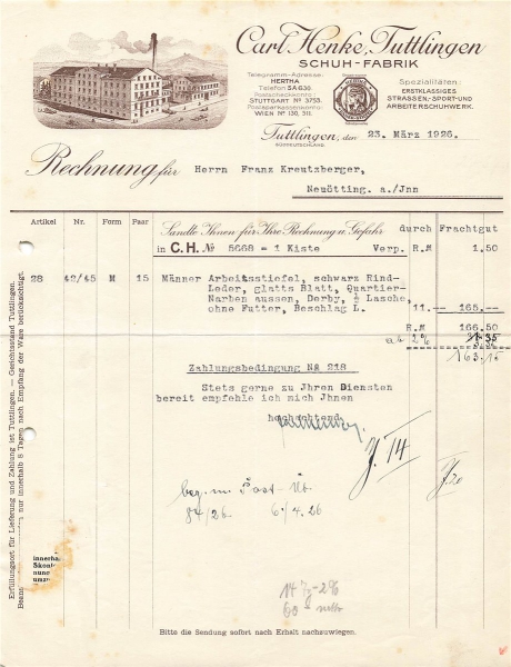 Alte Rechnung,"Carl Henke, Tuttlingen" 23.03.1926