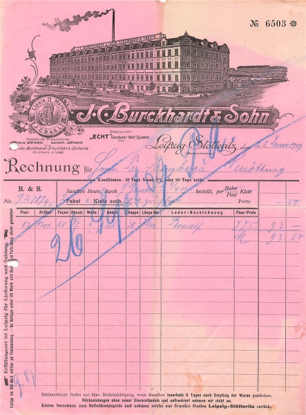 Alte Rechnung,"J.C.Burckhardt & Sohn, Leipzig" 22.01.1922