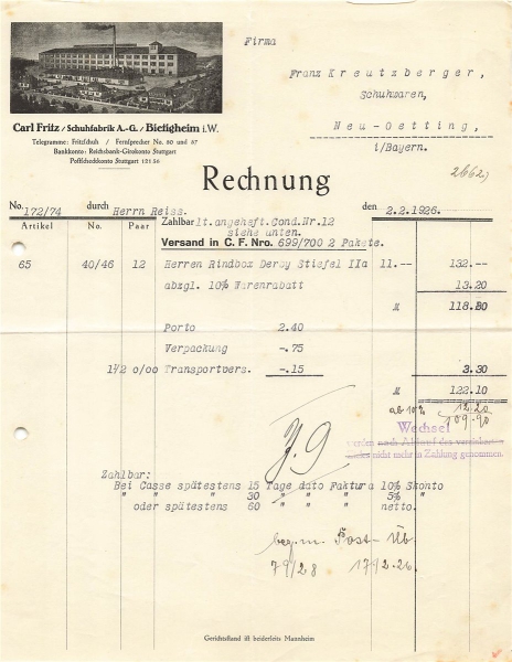 Alte Rechnung,"Carl Fritz, Bietigheim i.W." 02.02.1926