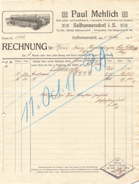 Alte Rechnung,"Paul Mehlich, Seithennersdorf i.S." 09.09.1911