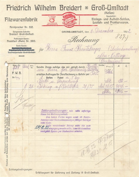 Alte Rechnung,"Friedrich Wilhelm Breidert, Groß-Umítadt" 06.12.1922