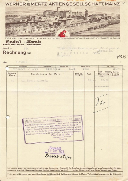 Alte Rechnung,"WERNER & MERTZ, Mainz" 08.08.1928