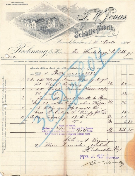 Alte Rechnung,"F.W.Jonas, Wermelskirchen" 30.11.1904