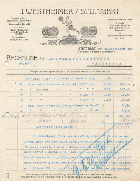 Alte Rechnung,"J. WESTHEIMER, Stuttgart" 28.09.1920