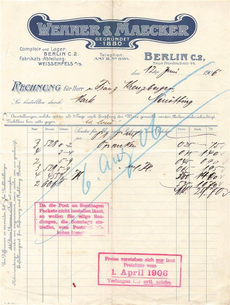 Alte Rechnung,"WEHNER & MAECKER, Berlin" 12.06.1906