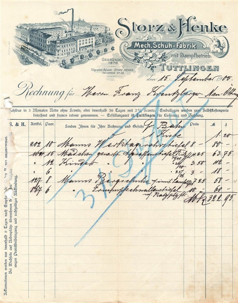 Alte Rechnung,"Storz & Henke, Tuttlingen" 15.09.1905
