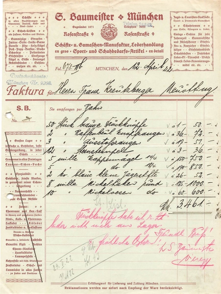 Alte Rechnung,"S.Baumeister, München" 12.04.1922