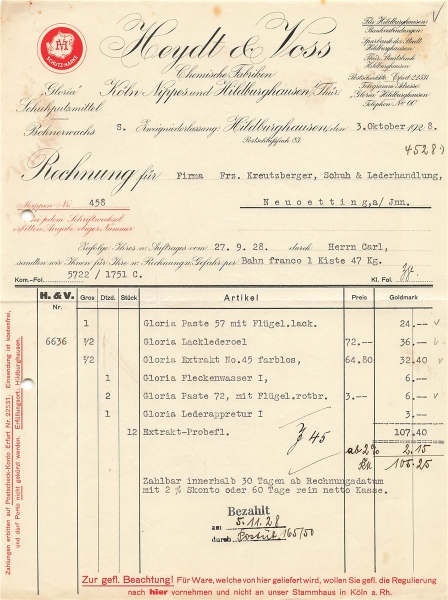 Alte Rechnung,"Heydt & Voss, Hildburghausen" 03.10.1928