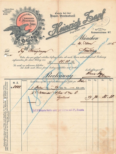 Alte Rechnung,"Heinrich Zapf, München" 20.01.1905