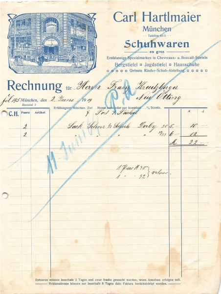 Alte Rechnung,"Carl Hartlmaier, München" 02.06.1909