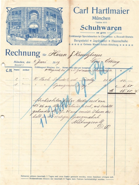 Alte Rechnung,"Carl Hartlmaier, München" 04.06.1909
