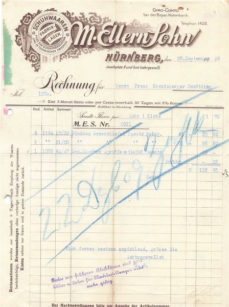 Alte Rechnung,"M.Ellern Sohn, Nürnberg" 28.09.1909