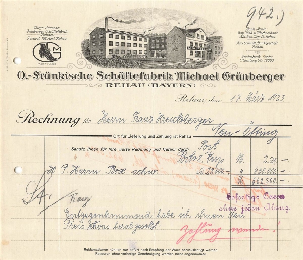 Alte Rechnung,"O.-Fränkische Schäftef. Michael Grünberger, Rehau i.B." 17.03.1923