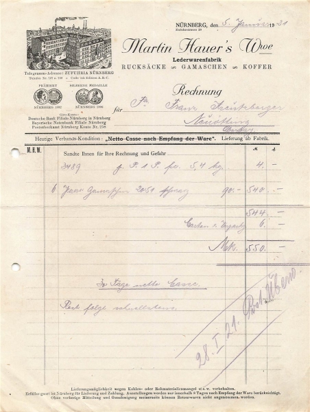 Alte Rechnung,"Martin Hauer's Wwe., Nürnberg" 05.01.1921
