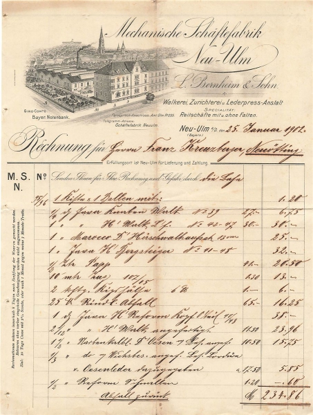 Alte Rechnung,"L.Bernheim & Sohn, Neu-Ulm" 25.01.1902