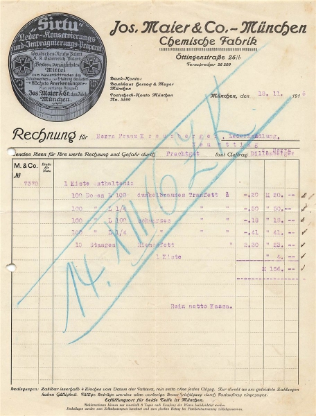 Alte Rechnung,"Jos.Maier & Co., München" 18.11.1916