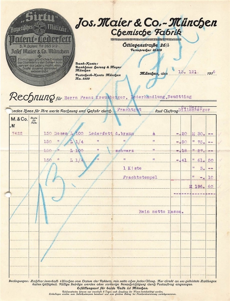Alte Rechnung,"Jos.Maier & Co., München" 13.12.1916