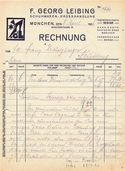 Alte Rechnung,"F.Georg Leibing, München" 08.04.1926