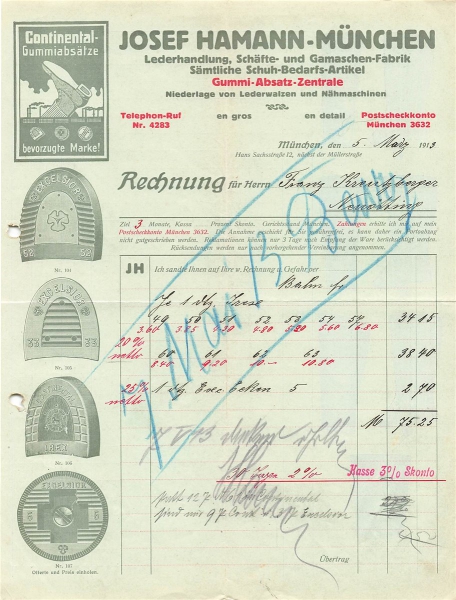 Alte Rechnung,"JOSEF HAMANN, München" 05.03.1913