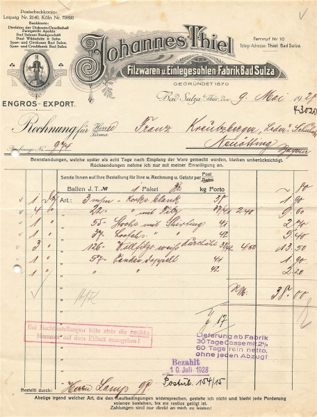 Alte Rechnung,"Johannes Thiel, Bad Sulza i.T." 09.05.1928