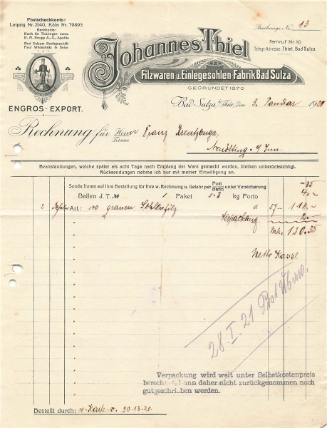 Alte Rechnung,"Johannes Thiel, Bad Sulza i.T." 03.01.1927